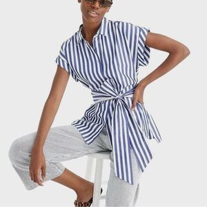 J. Crew Blue & White Striped Tie-Waist Button-Down size small 100% cotton